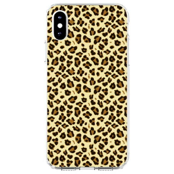 DistinctInk Clear Shockproof Hybrid Case for iPhone X / XS (5.8" Screen) - TPU Bumper, Acrylic Back, Tempered Glass Screen Protector - Black Beige Tan Leopard Skin Spots