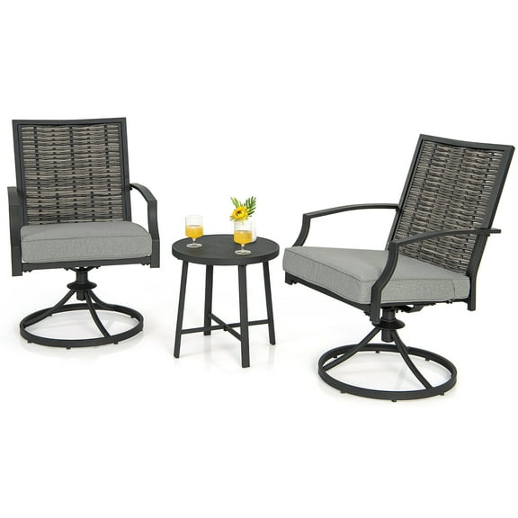 Gymax 3PCS Swivel Chair Set Coffee Table Wicker Cushioned Seat Balcony Porch Patio