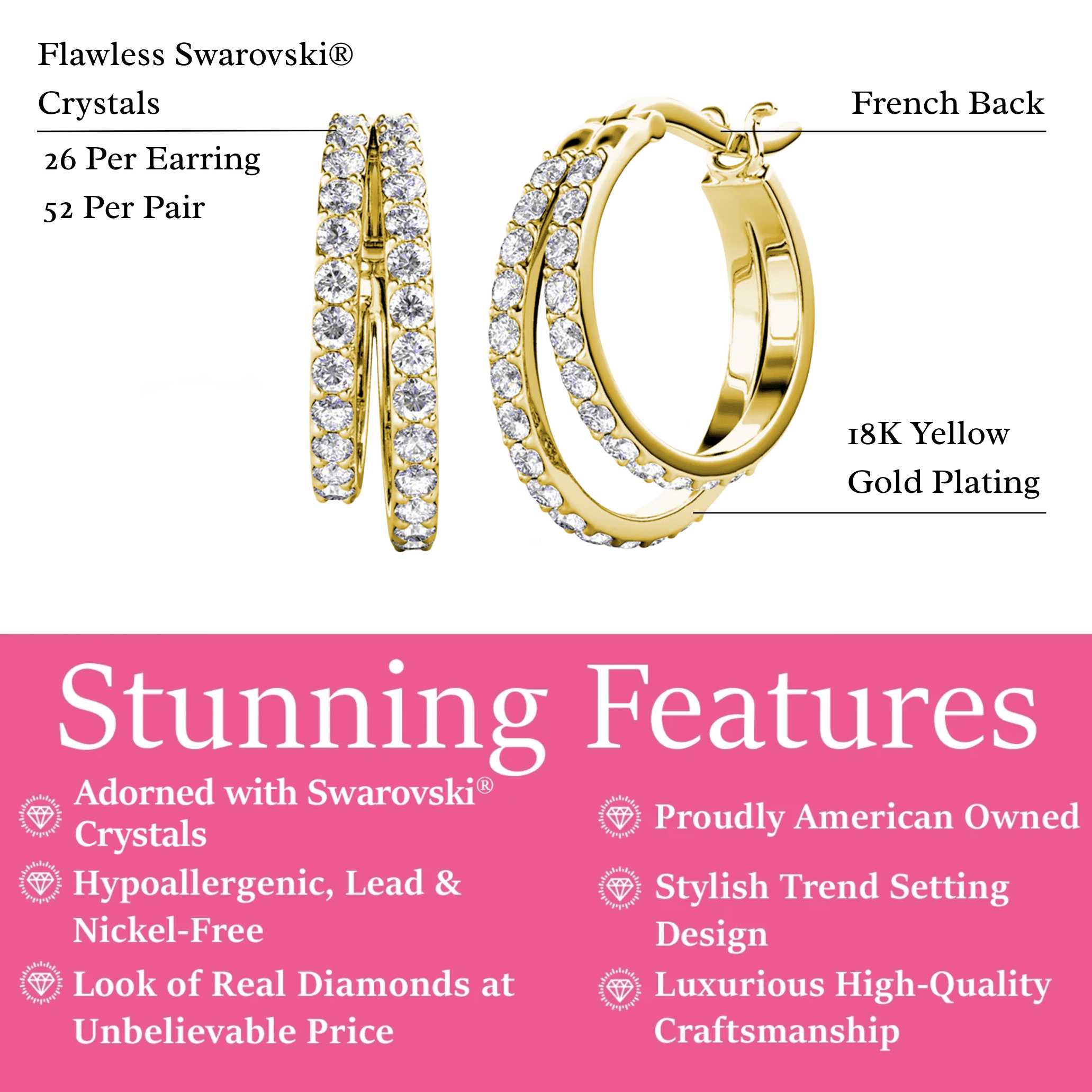 Cate & Chloe Corina 18k Yellow Gold Plated 20mm Hoop Earrings with Swarovski Crystals Gift for Women