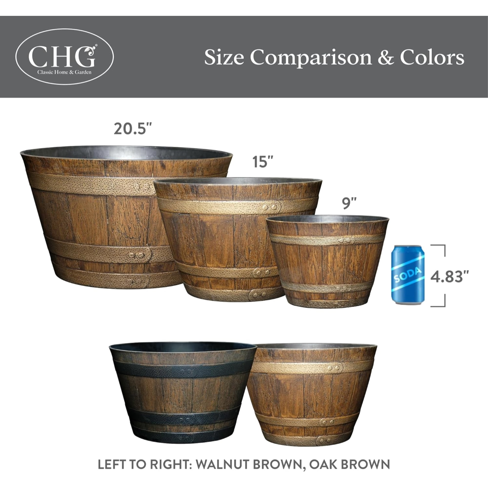 Classic Home and Garden Outdoor Round Whiskey Resin Flower Pot Barrel Planter, Kentucky Walnut Brown, 15"