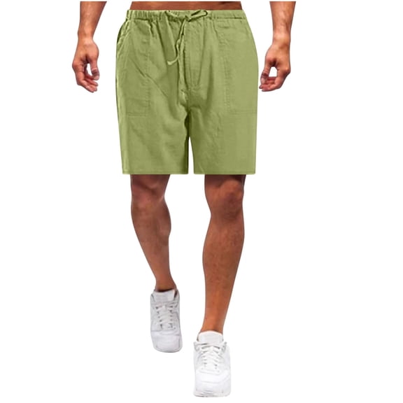 HOOMEUMY 2025 Men's Summer Linen Cotton Shorts Drawstring Elastic Waist Baggy Beach Shorts with Pockets Solid Loose Fit Shorts Green 10