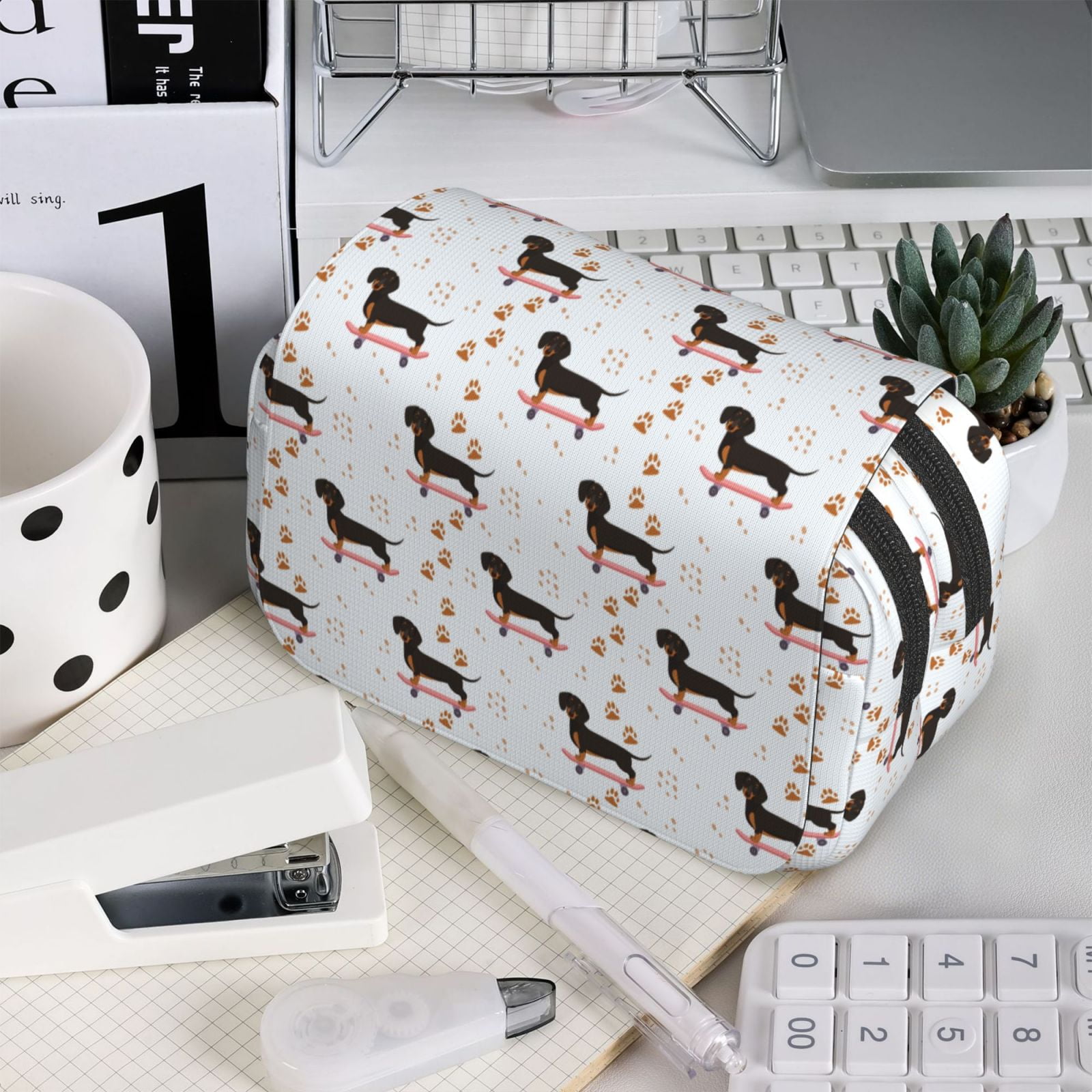 Rateoe Dachshund Dog Pattern Double Clamshell Pen Case, Storage Organizer with Two Zipper Compartments– Holds Up to 50 Pencils & Pens