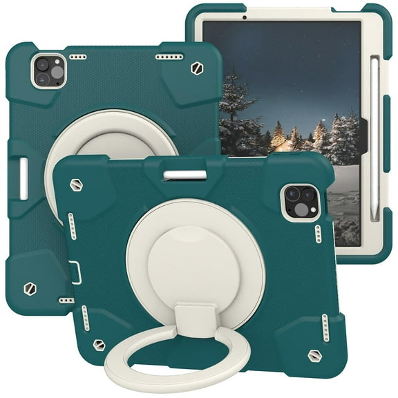 ELEHOLD Military Grade Shockproof Case For iPad Pro 11 2022/2021/2020/2018, Heavy Duty Protection Ring Stand Cover, Adjustable Angel, Detachable Shoulder Strap, Pencil Holder, Dark Green