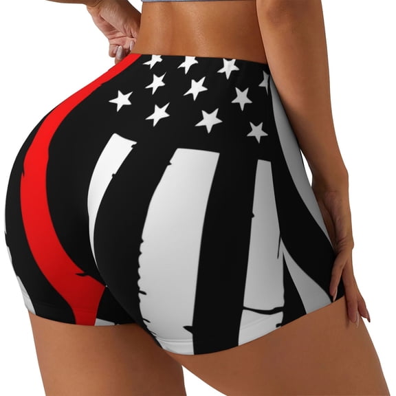 Gukieu Firefighters USA Flag Print Women's Sports Shorts, Elastic Waist High Stretch Running Yoga Gym Sweatpants-Small