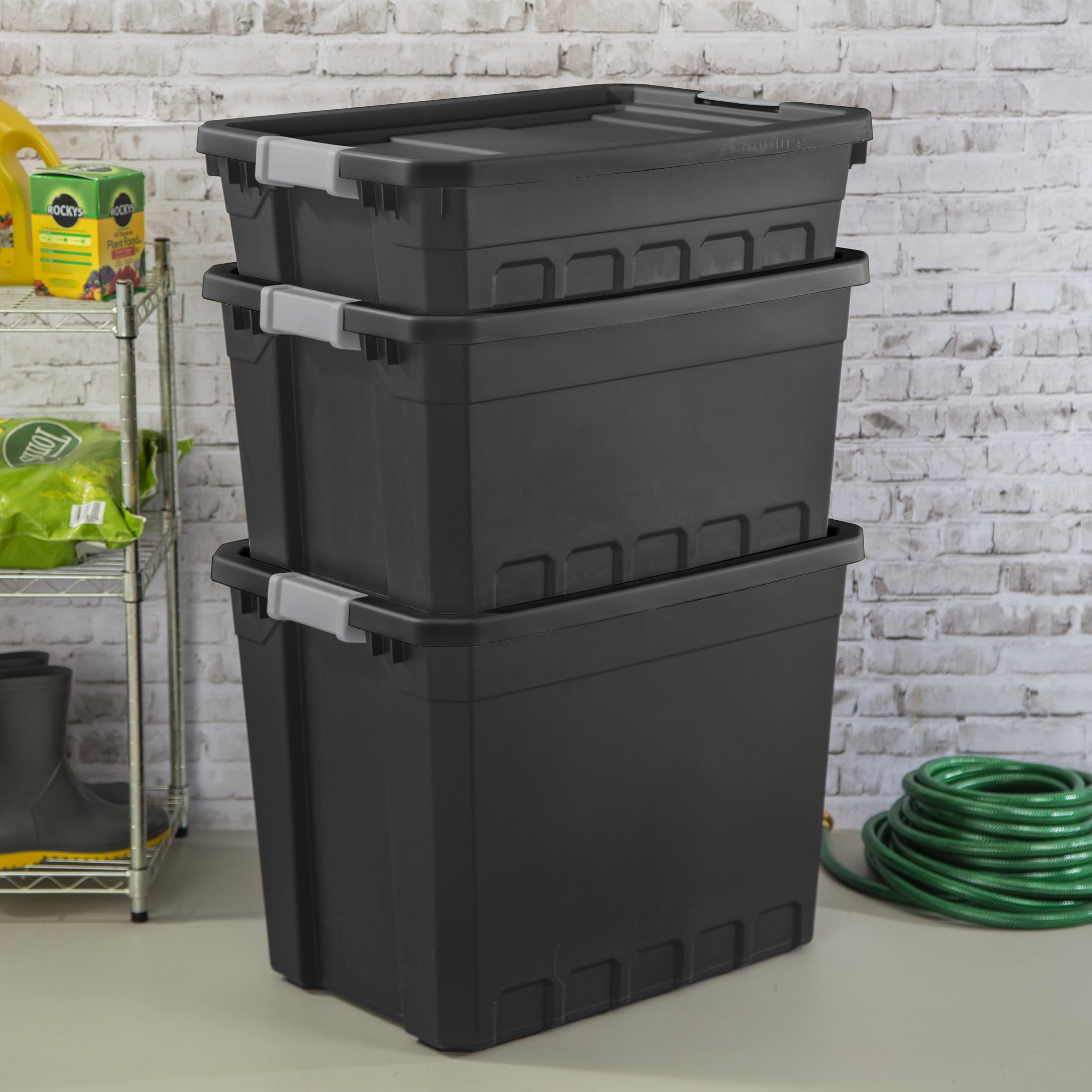Sterilite Stackable Storage Bin, 10 Gallon Durable Plastic Storage Tote with Latch Lid, Black, 6 Pack