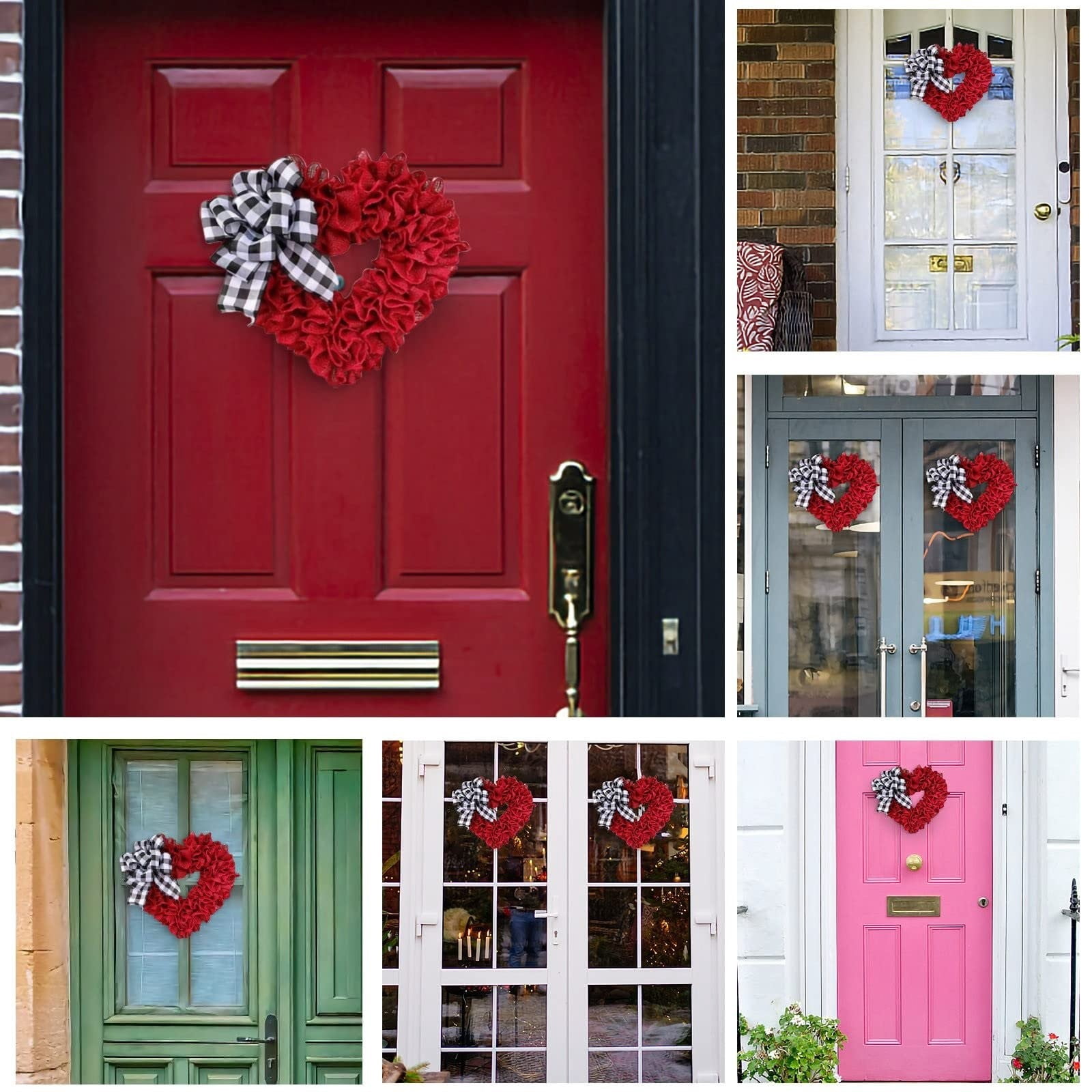 Red Heart Shaped Wreath Valentine's Day 15.7in Plaid Bowknot Front Door Artificial Garland for Home Farmhouse Indoor Outdoor