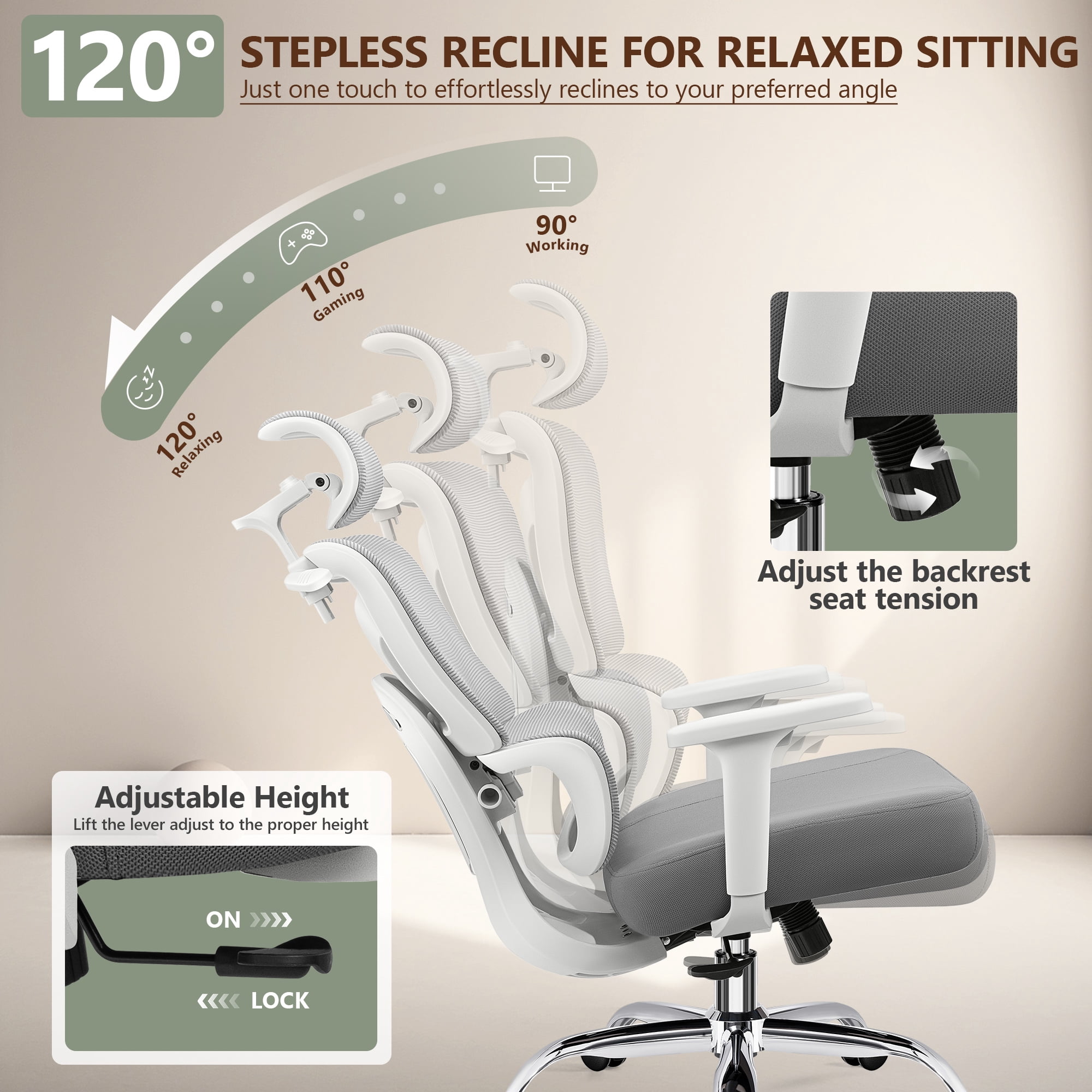 COOLHUT Ergonomic Mesh Office Chair, Big and Tall Computer Desk Chair with Adjustable Lumbar Support, Headrest and Armrest, High Back Home Office Chair for Workspace, Gaming,300LBS, Ligh Gray