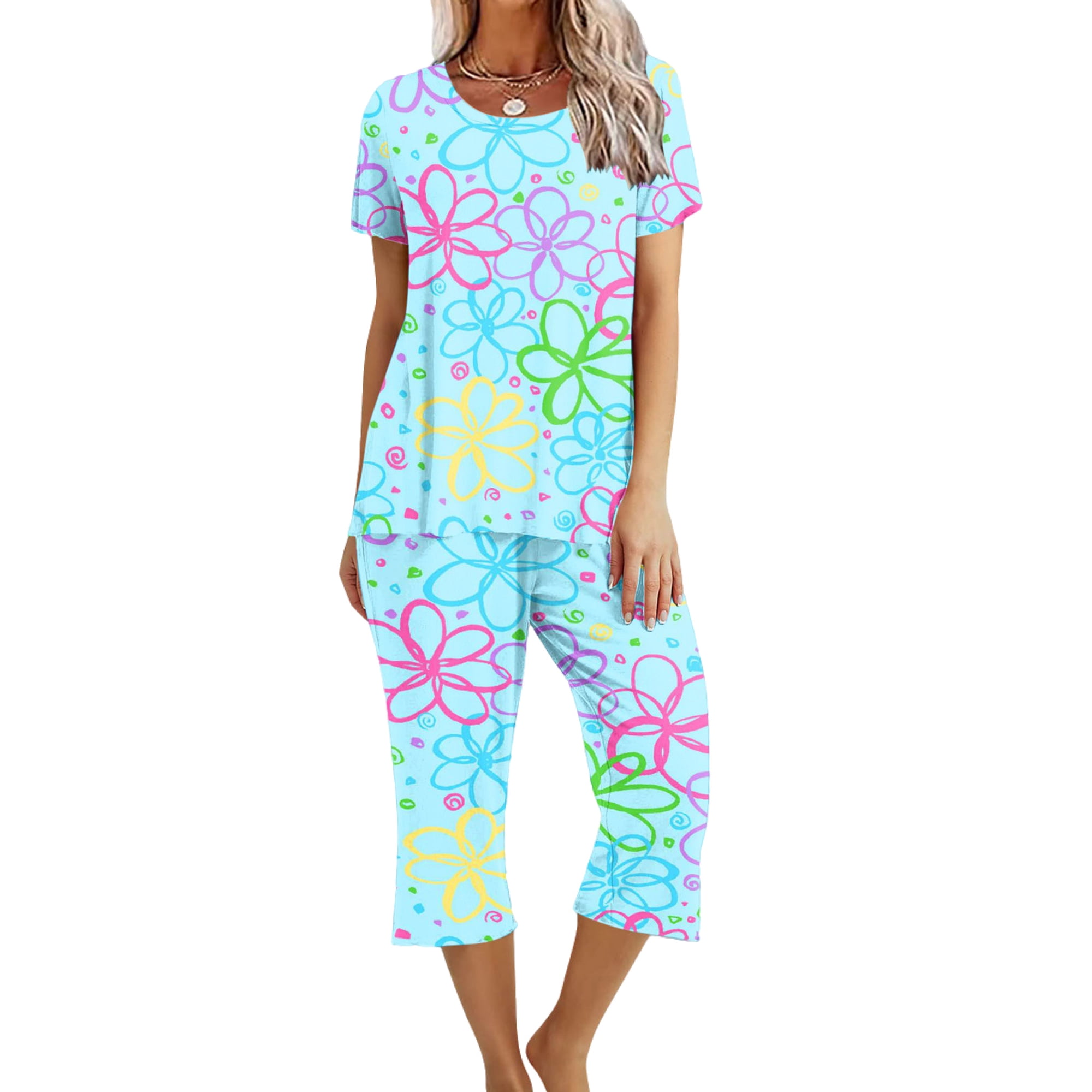 Sexy Dance Women Pajama Set Crew Neck Sleepwear Shirt And Capri Pants Pjs Sets Loose Nightwear Short Sleeve 2 Piece Outfits Sky Blue Flower XS
