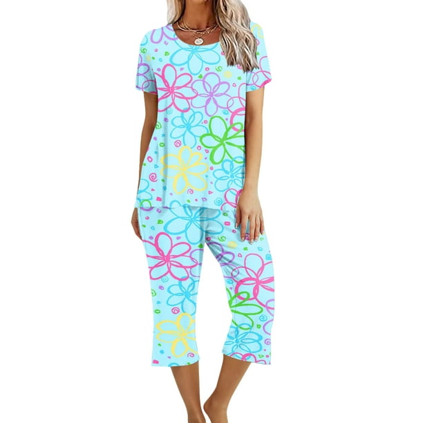 Fashnice Women Sleepwear Crew Neck Pjs Sets Short Sleeve Pajama Set Comfy  Sleep 2 Piece Outfits Sky Blue Flower XL