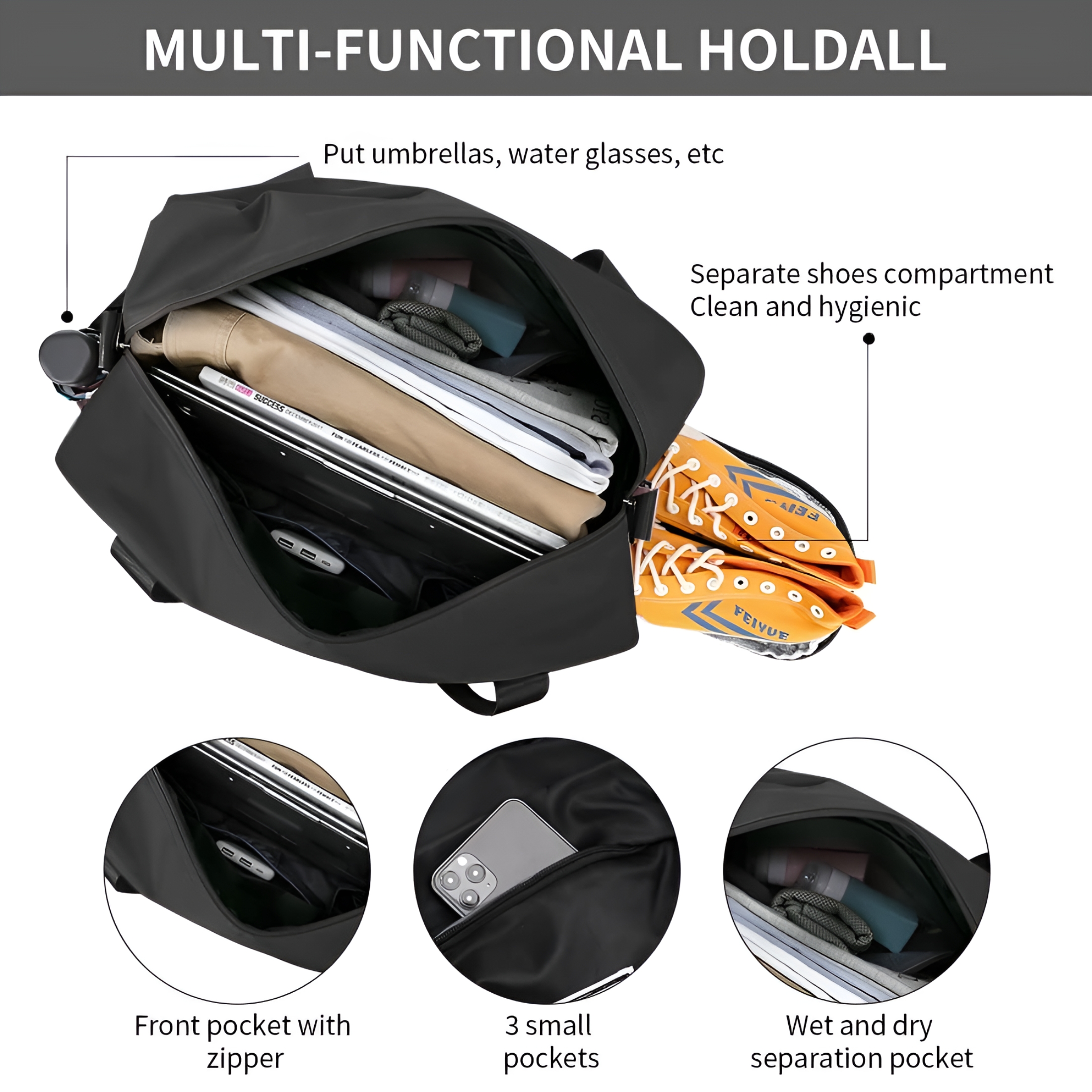 GASTROPOD Travel Duffel Bag, Large Folding Sports Gym Bag with Wet Pocket & Shoes Compartment - Black