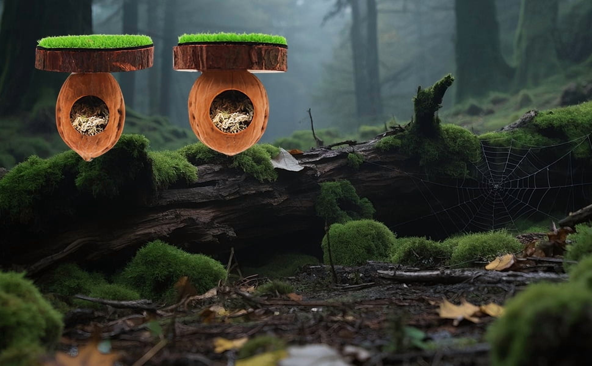 2 Pack Jumping Spider Enclosure Accessories, Magnetic Walnut Hide with Wooden Platform, Plastic Grass Topper, Spider Hideout with Moss for Terrariums