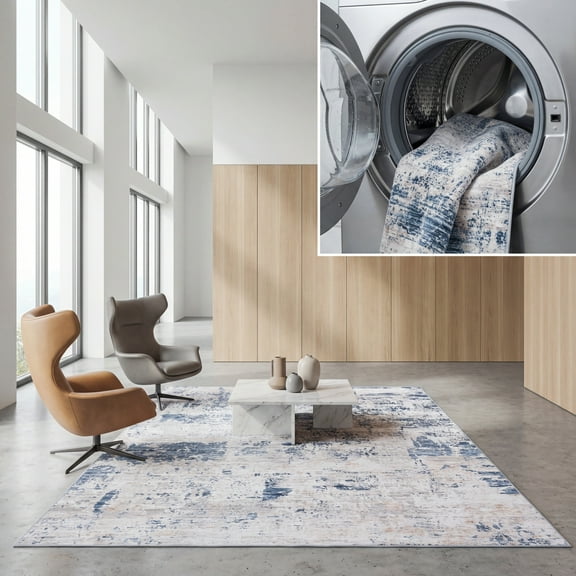 SAFAVIEH Malibu Fredrick Distressed Polyester Area Rug, Beige/Blue, 8' x 10'