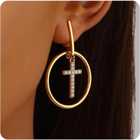 18K Gold Plated Hoop Cross Earrings for Women, Nickel-Free & Hypoallergenic, Lightweight Rhinestone Sparkly Cross Dangle Earrings, 1.79 Inch