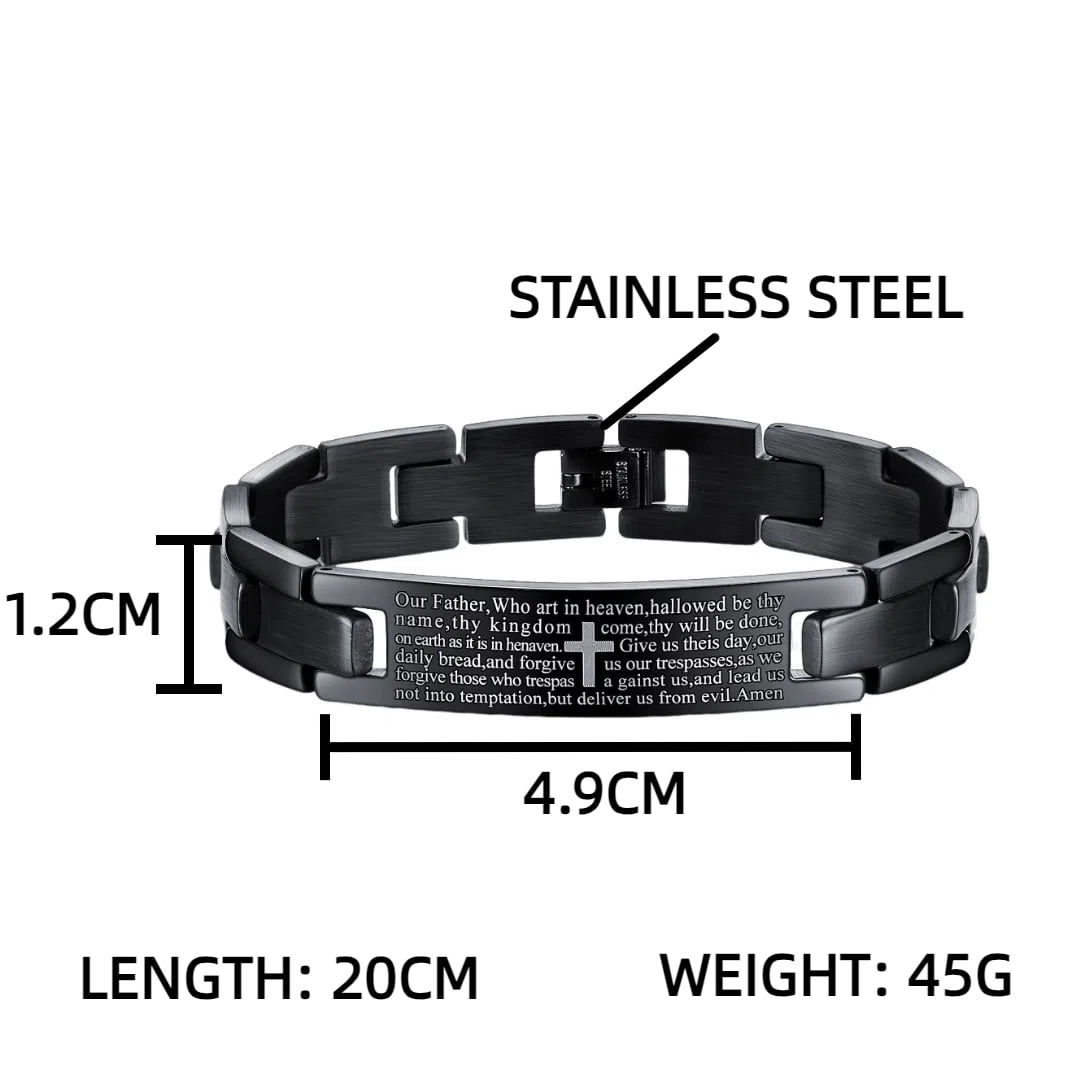 Fachoice Bible Quote Cross Bracelet for Men Bible Verse Link Chain Bracelet, Catholic Bible Cross Tag Bracelet Vintage Bible Lord Prayer Strap Bracelet Men‘s Cool Bible Quote Bracelet Jewelry