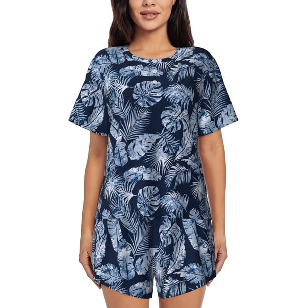 Balery Tropical Leaves Conjunto de Pijama para Mujer con Estampado, Dos Piezas de Manga Corta y Shorts, Ropa de Dormir Suave con Cuello Redondo y Bolsillos-4X-Large