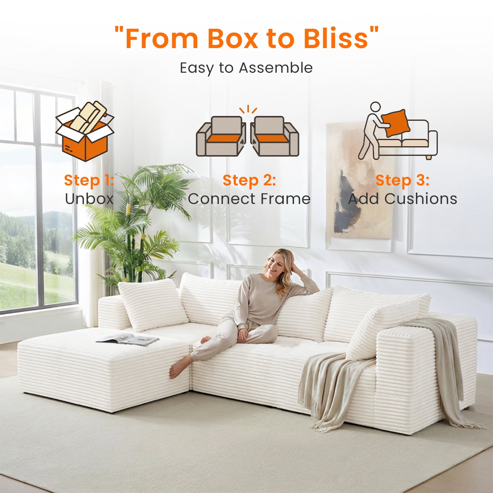 ZAFLY 110" Cloud Sectional Sofa, Modular Corduroy Deep Seat Couch, L Shaped Couches for Living Room - Beige