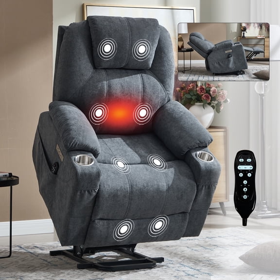 Chenille Power Lift Recliner Chair for Seniors, Heavy Duty 350 lbs Capacity with 8-Point Massage & Lumbar Heat, USB Type-A/C Ports, Stainless Steel Cup Holders, Living Room Comfort