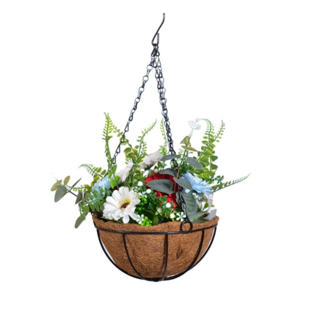 Cesta colgante artificial con flores, maceta realista para interior y jardín. Estilo E