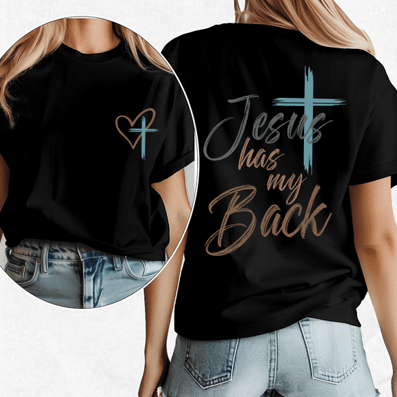 Inspirational Faith Tops for Women & Men Jesus Has My Back Graphic Tees Religious Apparel Christian Short Sleeve Shirts Casual Tops for Daily Outfits Black,M