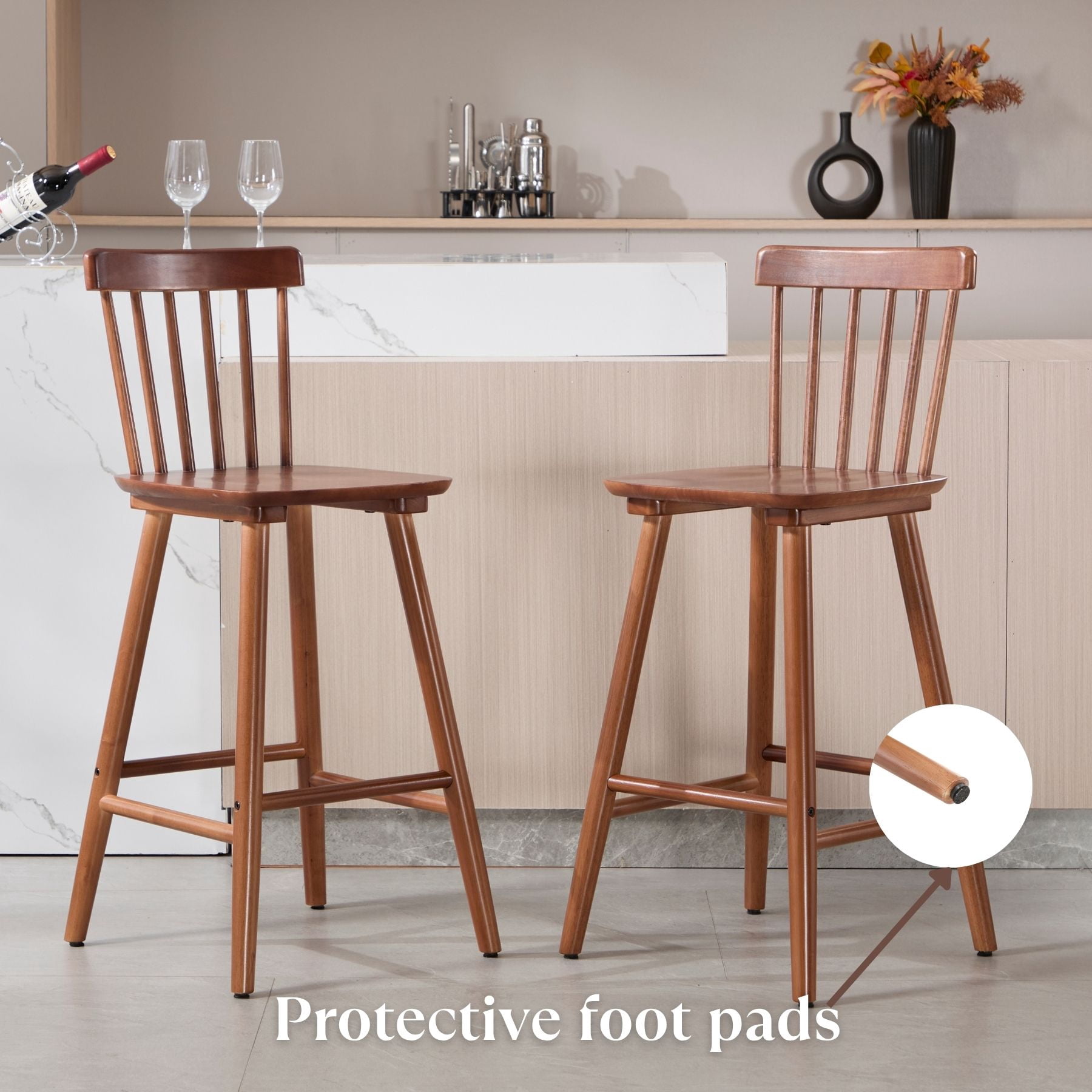 Dayalane Windsor Bar Stools Set of 2, 26" Farmhouse Wooden Counter Height Barstools with Spindle Back & Footrest, Armless Kitchen Island Stools for Bistro, Pub, Breakfast Bar,Walnut