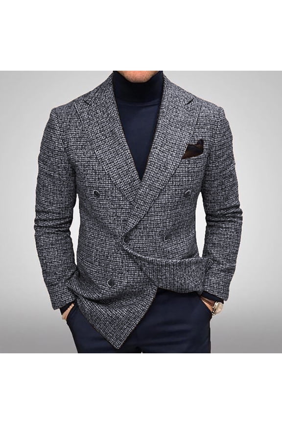 Men's Houndstooth Plaid Tweed Double Breasted Blazer Notched Lapel Long Sleeve Jacket with Decorative Flap Pocket
