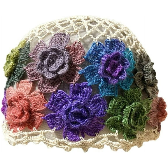 YooGuoGuo Crochet Beanie Hat for Women Men Y2k Floral Boho Knitted Beanie Cotton Flower Patterned Slouchy Skull Cap Lace Head Wrap