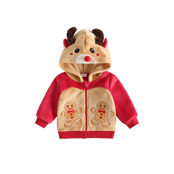 RUINIXCW Toddler Baby Girl Boy Christmas Reindeer Jacket Outfit Infant Fall Winter Xmas Clothes Plush Long Sleeve Zip Embroidery Hoodie Coat Outwear
