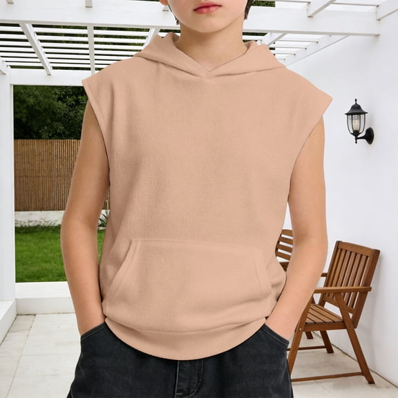 SOFTCCLO Boys T-shirts Sleeveless Hooded Solid Color Tops with Pocket Summer Fall Sport Gym Tank Tops Kids T Shirts Size 2-3Y