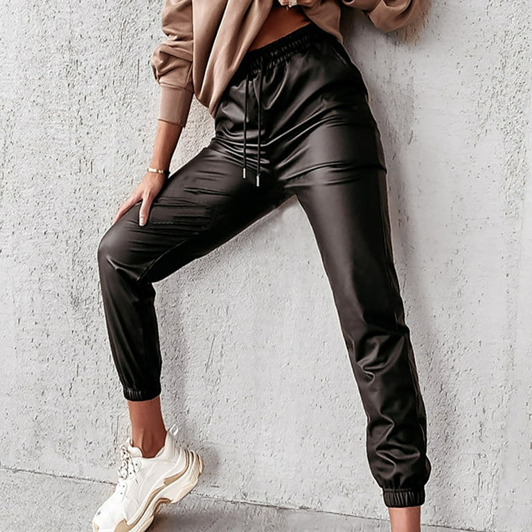 Bigersell Women Relaxed Fit Straight Leg Pant Full Length Fashion Women  Solid Pockets Drawstring Casual Mid Waist Leather Long Pants Fleece  Leggings