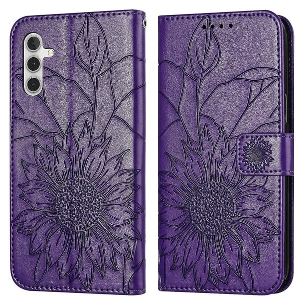 Funda tipo cartera con girasol grabado para Samsung A34 5g, multifuncional, elegante y con protección total.