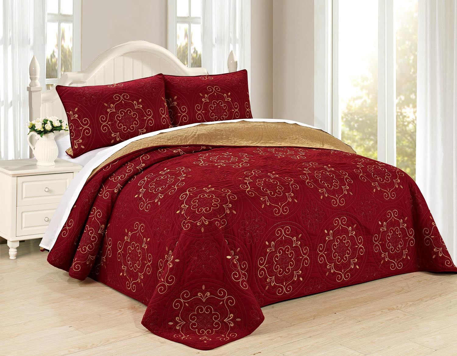 All American Collection New 6pc Circle Reversible High Quality Embroidered Bedspread\/Quilt Set 