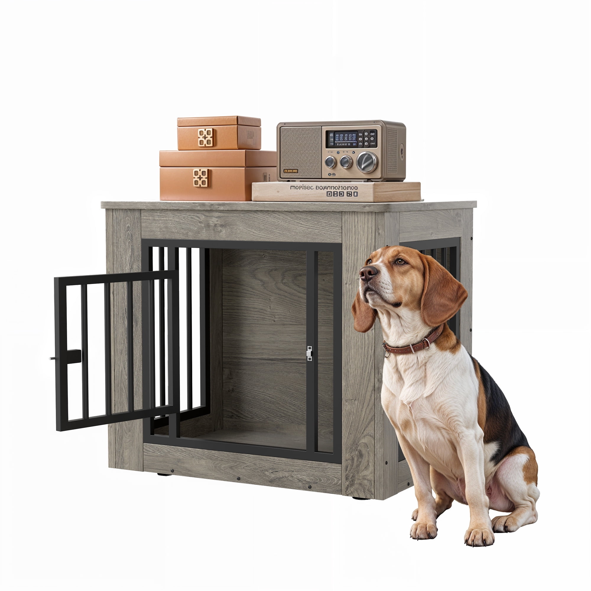 Uforic 2-in-1 Dog Crate Furniture, 27 in Wooden Indoor Dog Cage Table with Steel Lock & Waterproof Top,Gray