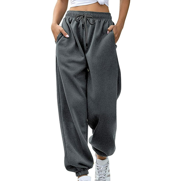 Womens Elastic High Waist Sweatpants Baggy Pockets Drawstring Solid Color  Casual Sweat Pants Loose Workout Joggers 