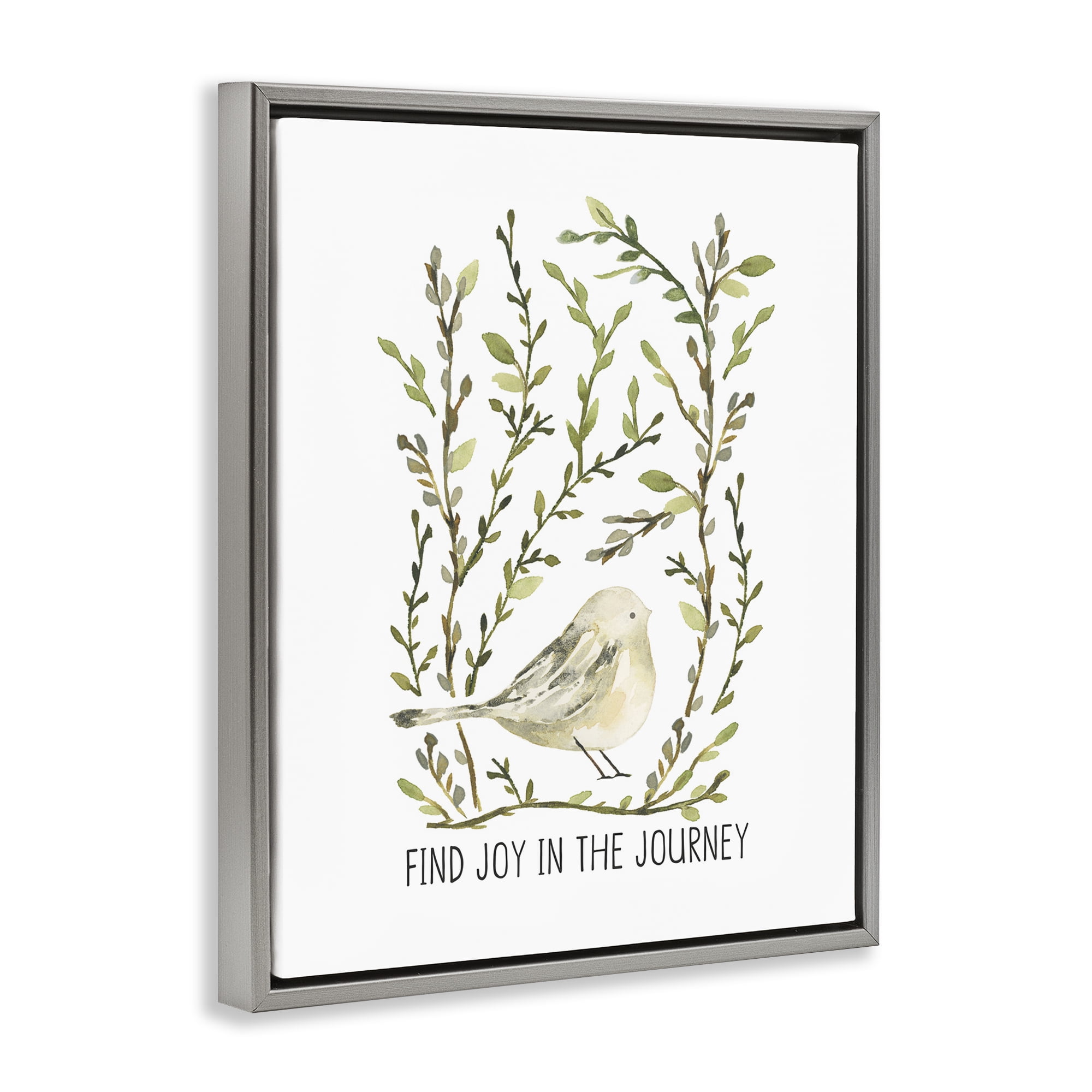 Stupell Industries Find Joy with Bird Botanical & Floral Painting Gray Floater Framed Art Print Wall Art, 17 x 21