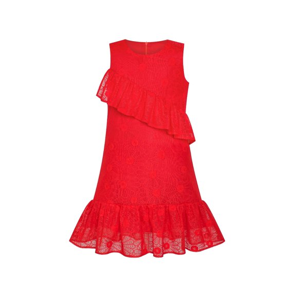 Girls Dress A-line Red Lace Ruffle Skirt Birthday Party 6 Years