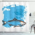 thumbnail image 1 of Sea Food Shower Curtain, Hand Drawn Sketch with Fish and Fresh Meat Grunge Backdrop, Fabric Bathroom Set with Hooks, 69W X 84L Inches Extra Long, Deep Sky Blue White Dark Rosewood, by Ambesonne, 1 of 3