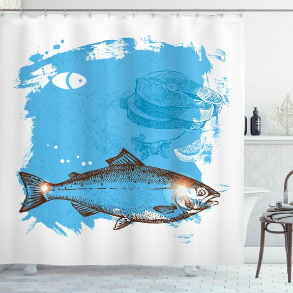 Sea Food Shower Curtain, Hand Drawn Sketch with Fish and Fresh Meat Grunge Backdrop, Fabric Bathroom Set with Hooks, 69W X 75L Inches Long, Deep Sky Blue White Dark Rosewood, by Ambesonne