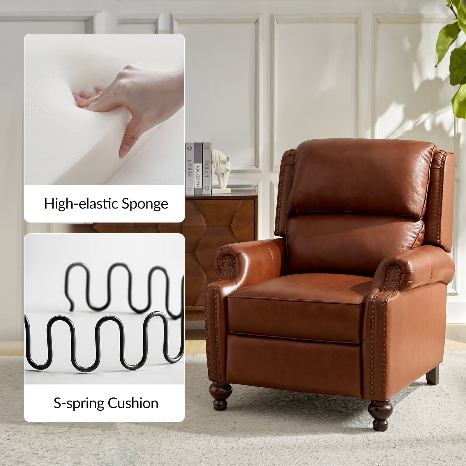 Mid Century Genuine Leather Pushback Recliner Chair with Nailhead Trim Set of 2 Brown