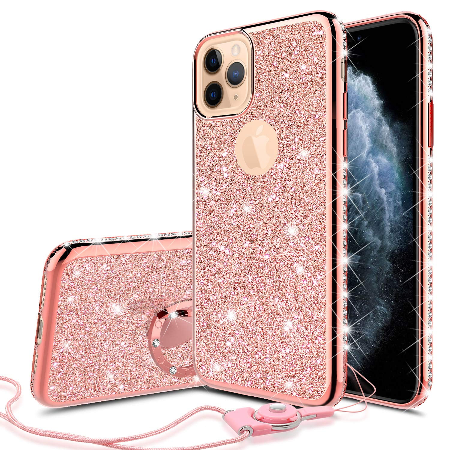 Apple Iphone 11 Pro Max Case For Girl Women Glitter Cute Girly Ring Kickstand Diamond Rhinestone Bumper Pink Clear Shock Proof Protective Phone Case Iphone 11 Pro Max 6 5inch Rose Gold Walmart Com
