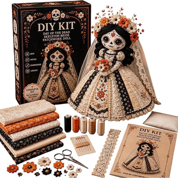 DIY Skull Bride Sewing Kit, Adult Fabric Doll Craft with Embroidery Thread, Stuffing, Needles & Scissors for Halloween, Day of the Dead Inspired Decor & Handmade Gifts