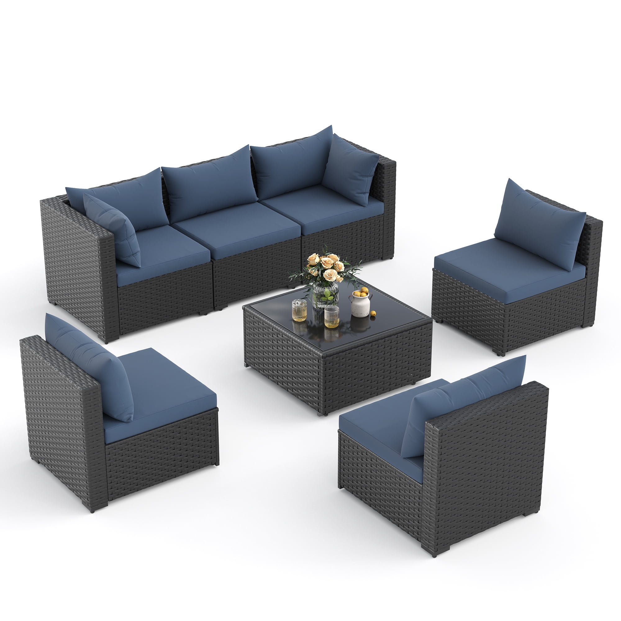 POTEBAN 7 Pieces Patio Conversation Set, Outdoor Black PE Wicker Sectional Sofa for Backyard Garden, Blue