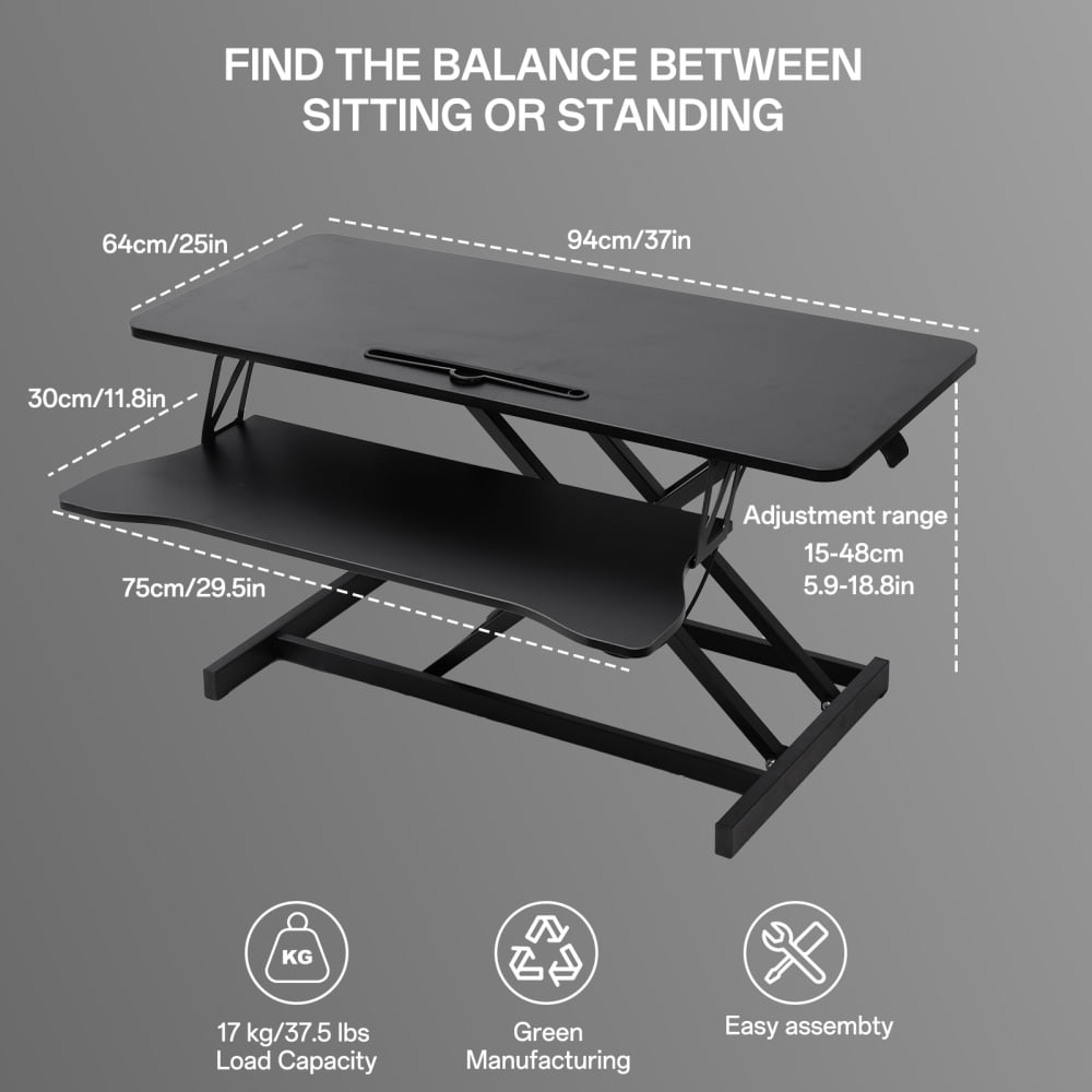 Flroha Standing Desk Converter 37inch, Height Adjustable Sit Stand Desk Riser, Quick Sit to Stand Tabletop Dual Monitor Riser Workstation for Home Office with Keyboard Tray, Black