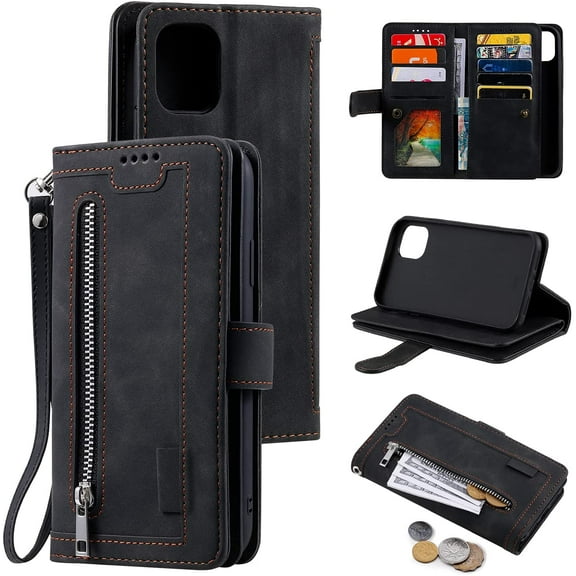 Wallet Case for Samsung Galaxy A22 5G, 9 Card Holder Slots Zipper Pocket Handbag Case PU Leather Magnetic Closure Kickstand with Wrist Strap TPU Shockproof Flip Case - Black