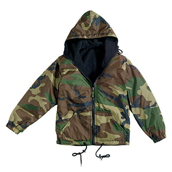 Woodland Camo Reversible Nylon Jacket with Fleece Lining, Large