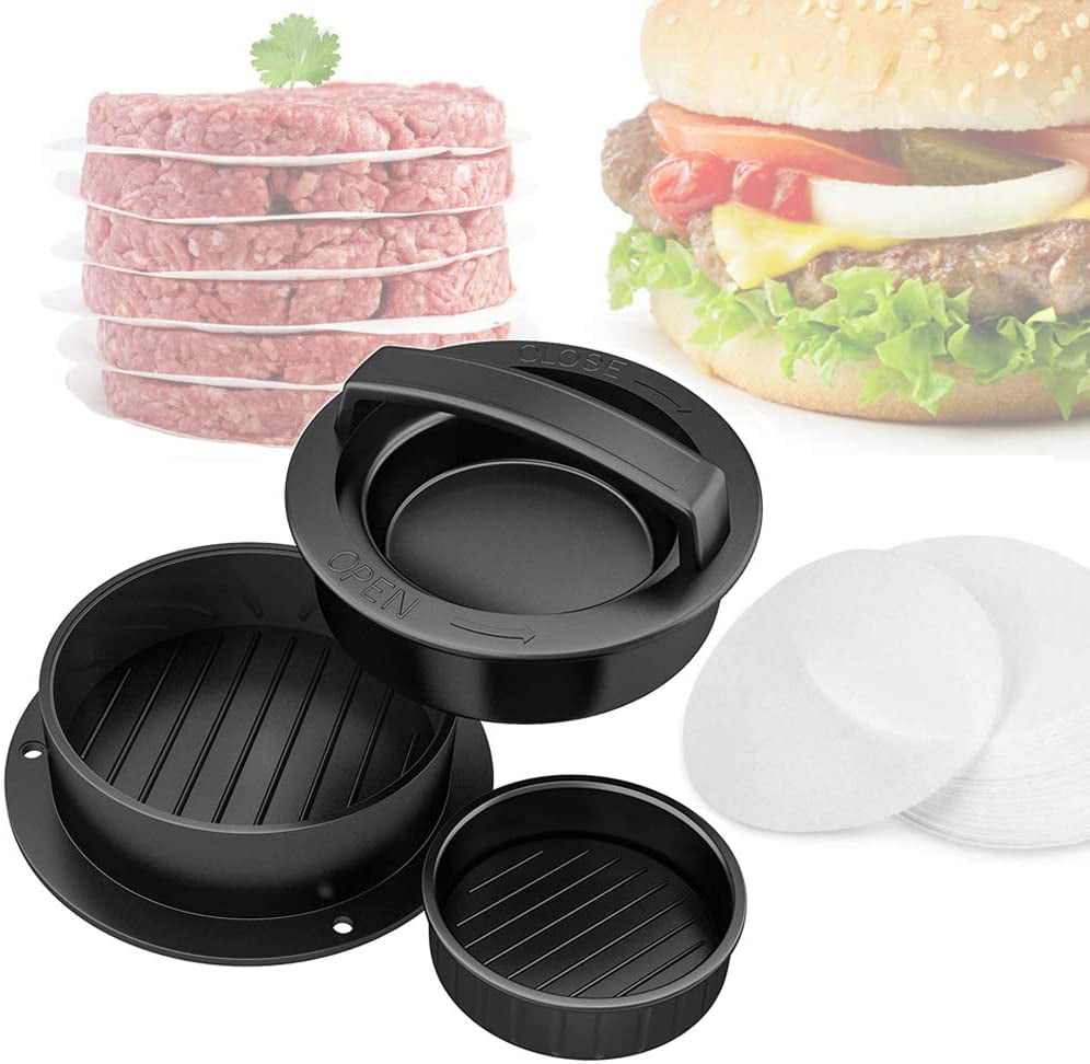 Non-Stick Hamburger Patty Maker Mold with Wax Patty Paper Sheets Meat Beef Pork Lamb Cheese Halal Nut Veg Veggie Burger Maker for BBQ Barbecue Grill Camp Meykers Burger Press 100 Patty Papers Set 