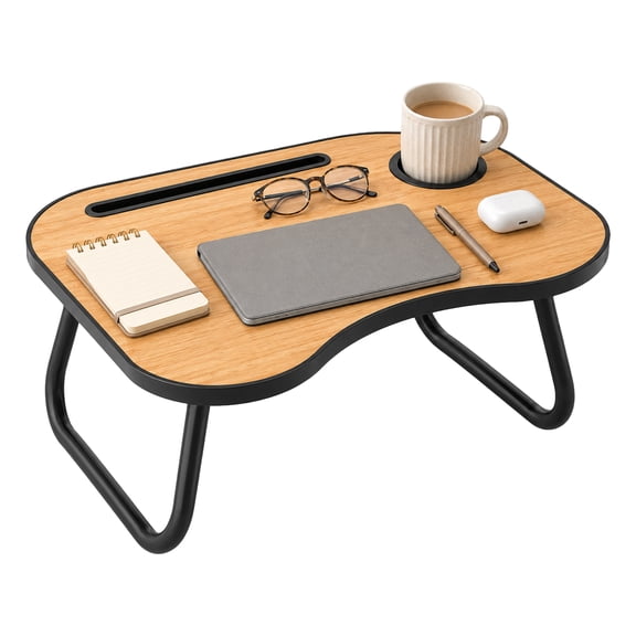 Foldable Bed Lap Desk, 19.1 x 14.2 in Wood Metal Laptop Tray for Couch, Portable Laptop Tray with Tablet Slot, Cup Holder, Bed Desk for Eating, Reading, Working