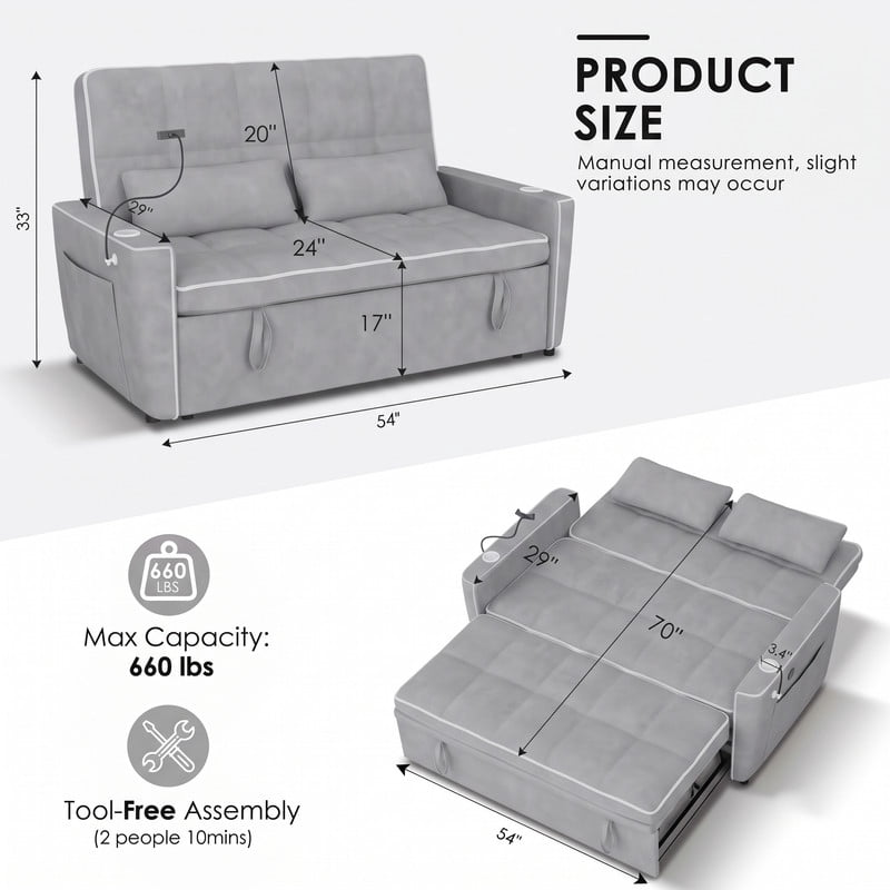 Anpport 54" 3‑in‑1 Convertible Sleeper Sofa Bed, Loveseat with White Trim, USB Charging Port, Phone Stand, 2 Cup Holders and 2 Pillows for Living Room, Bedroom and Apartment, Light Gray