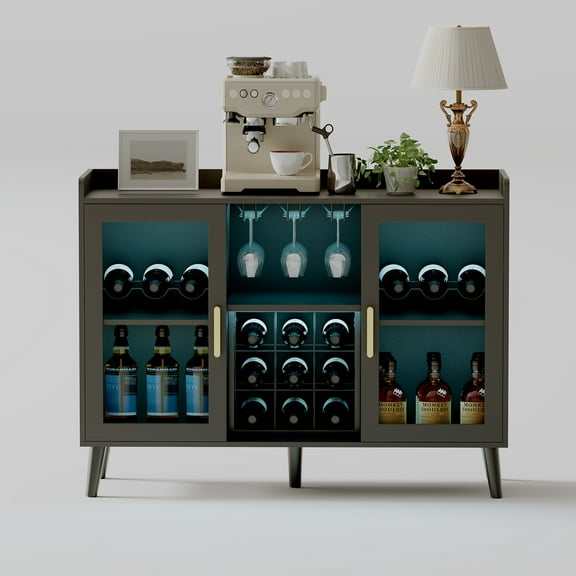 Kicctian Modern Wine Bar Cabinet with RGB LED Lighting, Glass Door and Spacious Wine Rack, Glass Holder and Durable Wood Sideboard for Dining Room, Kitchen or Living Room,Black