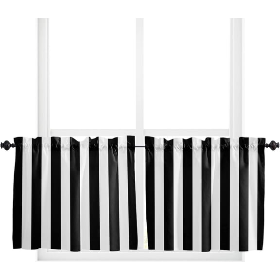 Small Window Curtain 36 Inch Length Simple Black and White Stripes Cafe Curtains for Window Rod Pocket Privacy Short Kitchen Curtains for Cafe Kitchen Bathroom, 2 Panels