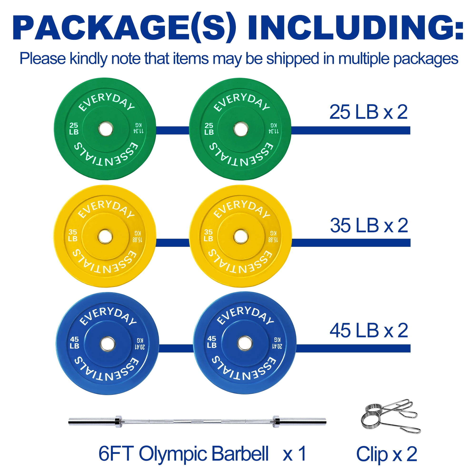 BalanceFrom Olympic Bumper Plate Weight Plate with Steel Hub, Color Coded, 210 lbs Set with 6FT Olympic Barbell and Clips, Multiple Packages